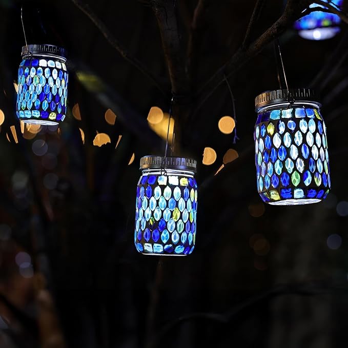 Cooo 3 Pack Mosaic Lanterns Outdoor Waterproof with 215% Larger Solar Panel, Never Rust Lids, True Capacity Battery- Solar Mason Mosaics Jar Lantern for Patio Garden Yard Balcony Christmas Decorations