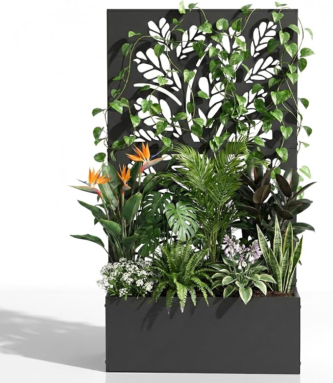 VINGLI 44" H Metal Raised Garden Bed with Trellis, Outdoor Planter Box for Climbing Vegetables, Fruits and Flowers, Privacy Screen, for Backyard, Patio, Balcony, Black (Tree)