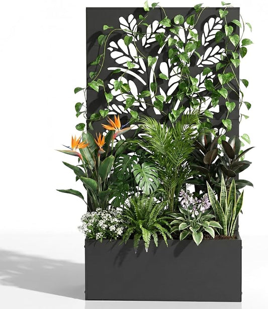 VINGLI 44" H Metal Raised Garden Bed with Trellis, Outdoor Planter Box for Climbing Vegetables, Fruits and Flowers, Privacy Screen, for Backyard, Patio, Balcony, Black (Tree)