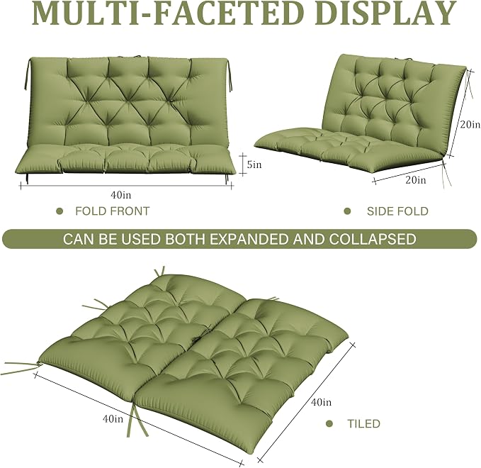 Porch Swing Cushion with Backrest,Waterproof Bench Cushion for Outdoor Furniture,2-3 Seater Replacement Thickened 5 in swing cushion,with Ties,Patio,Outdoor,Backyard and Garden (Light Green,40x40 in)