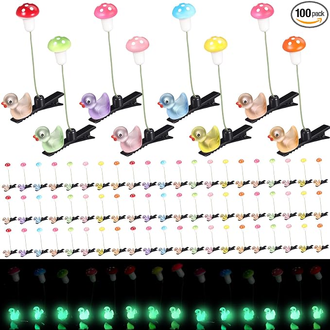 Tigeen 100 Pcs Glow Rave Trinkets Festival Duck Hair Clip with Bean Sprout Mushroom Sprout Hairpins Holiday Funny Plant Flower Hair Accessories for Women Music Festival