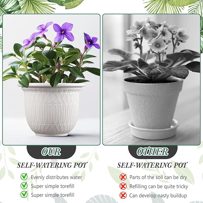 2 Set African Violet Pots Self Watering, 7 Inch White Ceramic Dolomite Clay, Easy Effortless Planter Pot for Indoor Plants Herbs Flowers Orchids Succulent, Ideal Gifts, Plant Not Included