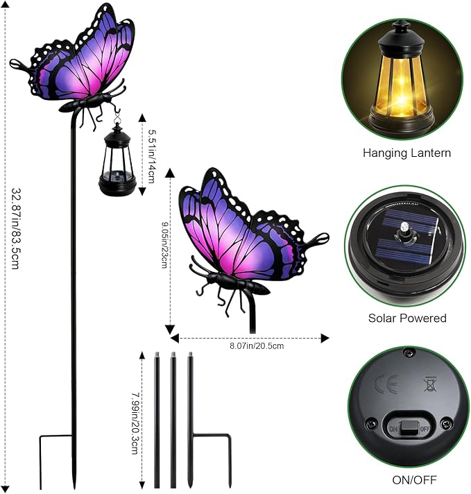 2 Pack Butterfly Solar Garden lights Outdoor Waterproof, Gift for Women Mom Grandma Daughter, Stake lights with Solar Lantern, Hanging Solar Light, Solar Path Light Yard Art Outside Patio Garden Decor