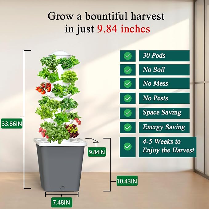 Hydroponics Growing System, 30-Plant Indoor Hydroponic Tower with Timer and Pump System, Plants Germination Kit, Vertical Hydroponic System for Gardening Lover (No Seed)