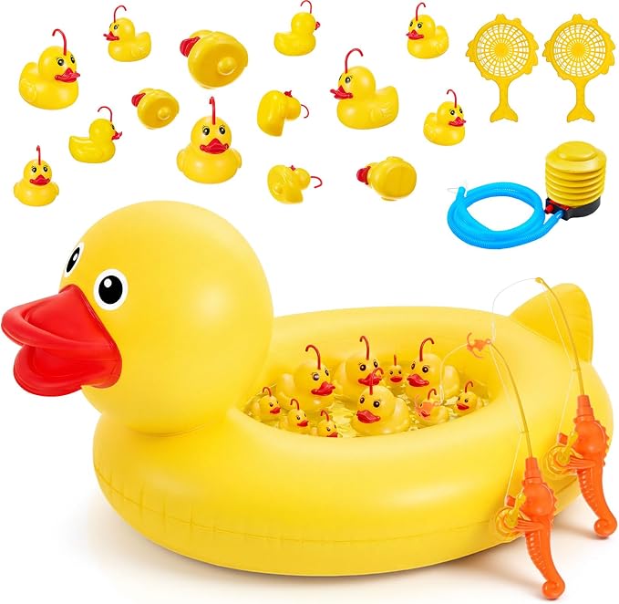 WinnerWhy Duck Pond Matching Game Set, 35.5" Inflatable Kiddie Pool with 14 Rubber Ducks, 1 Air Pump, 2 Fishing Nets & Rods, Duck Fishing/Carnival Water Game for Kids, Summer Outdoor Party