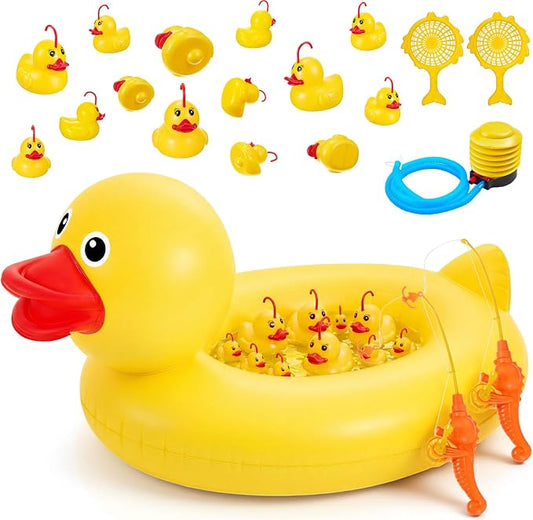 WinnerWhy Duck Pond Matching Game Set, 35.5" Inflatable Kiddie Pool with 14 Rubber Ducks, 1 Air Pump, 2 Fishing Nets & Rods, Duck Fishing/Carnival Water Game for Kids, Summer Outdoor Party