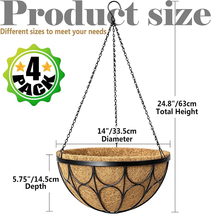 4 Pack 14 Inch Hanging Planters for Outdoor Plants，Large Wire Flower Hanging Basket with Coco Liners for Balconies, Patios, Porch, Terraces Decor