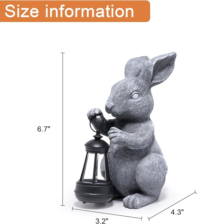 basen Outdoor Bunny Statue with LED Lantern, Battery Powered Resin Rabbit Garden Decor, Weather Resistant Gray Bunny Ornament for Lawn Yard Patio Outdoor Indoor Spring Easter Decoration