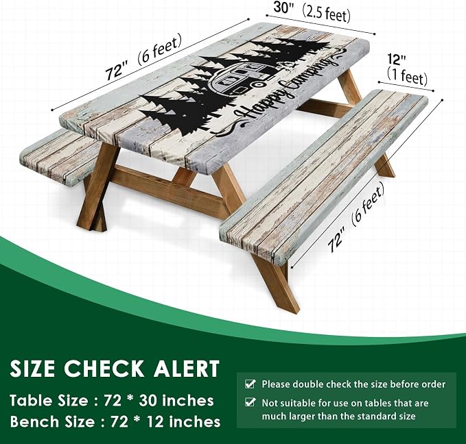 Picnic Table Cover with Bench Covers Elastic Edges, Wood Camper Fitted Table Cover, Outdoor Camping Essentials 72 Inch 3PCS, Waterproof Camping Fitted Tablecloth with Drawstring Bag