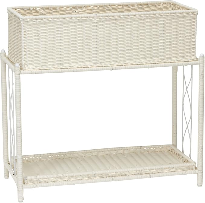Household Essentials Raised Two‑Tier Plant Stand with Interchangeable Shelves, Resin Woven Planter and Tray, White