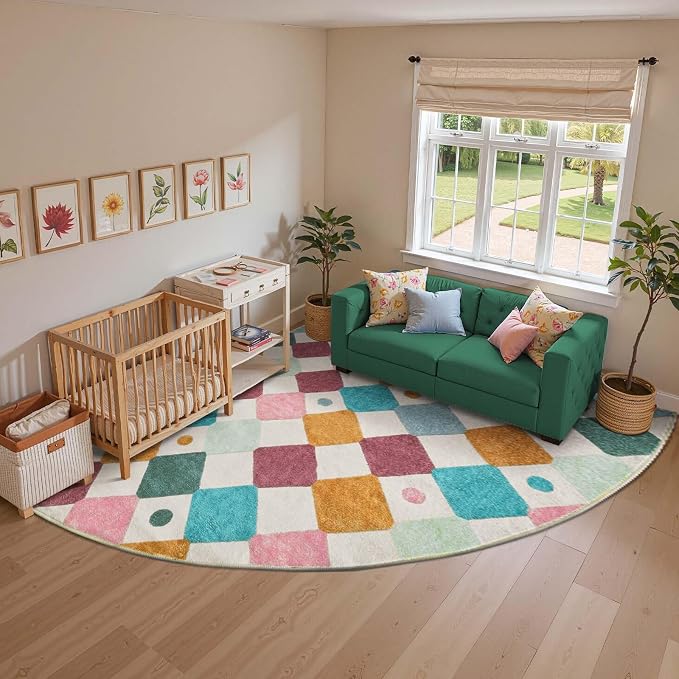 jinchan Corner Rug Washable Kids Rug Colorful Nursery Play Mat Confetti | 7ft Radius, Soft, Non-Slip, Cute, Kid-Friendly, Checkered Diamond, Quarter Circle, Reading Nook, Classroom, Playroom, Daycare