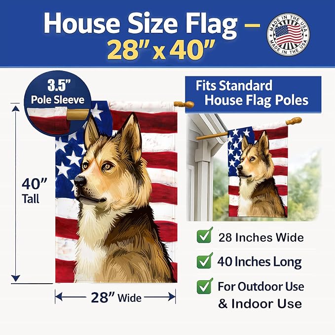 Caroline's Treasures CK6509CHF East Siberian Laika Dog American Flag House Flag Large Porch Sleeve Pole Decorative Outside Yard Banner Artwork Wall Hanging, Polyester, House Size, Multicolor