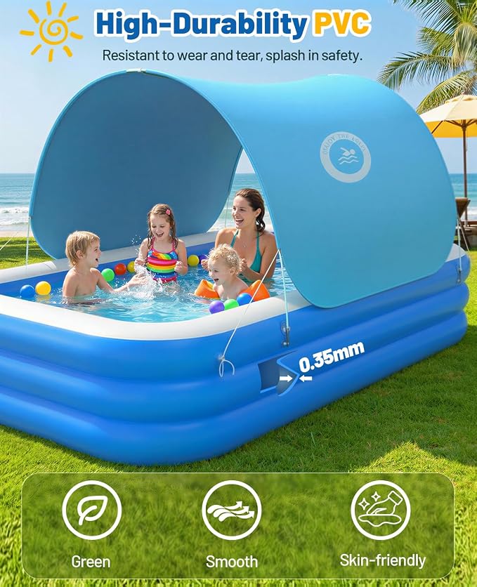 HeySplash Inflatable Pool, Swimming Pool 118" x 69" x 24" Blue | Thickened Blow Up Pool with Canopy, Large Family Pool for Outdoor Backyard Garden Party Summer Fun Adults Kids