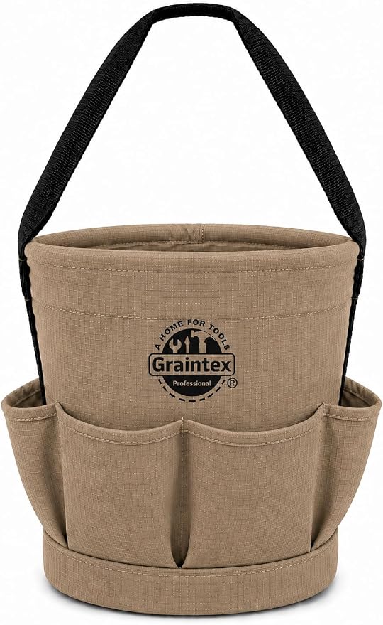 Graintex Tapered Canvas Bucket 12"x10"x15", Utility Tool Bucket 6 Pockets Outside, Reinforced Base & Carry Handle, Ripstop Canvas, Multi-Purpose Bag for Jobsite & Home Use - Beige