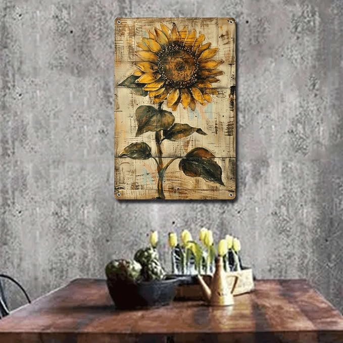 Metal Sign Tin Sign Vintage Wall Art Shabby Chic Sunflower Tin Sign for Rustic Wall Decor Antique Artistry and Distressed Wood Surface Tin Signs for Women for Pub 8×12 Inches