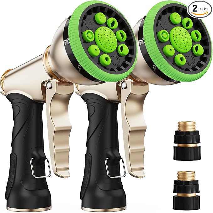 RAINPOINT Garden Hose Nozzle, Heavy Duty Metal Water Hose Sprayer Nozzle with 9 Adjustable Spray Patterns, High Pressure Hand Sprayer for Watering Plants, Lawns, Car and Pet Washing (2Pack, Green)