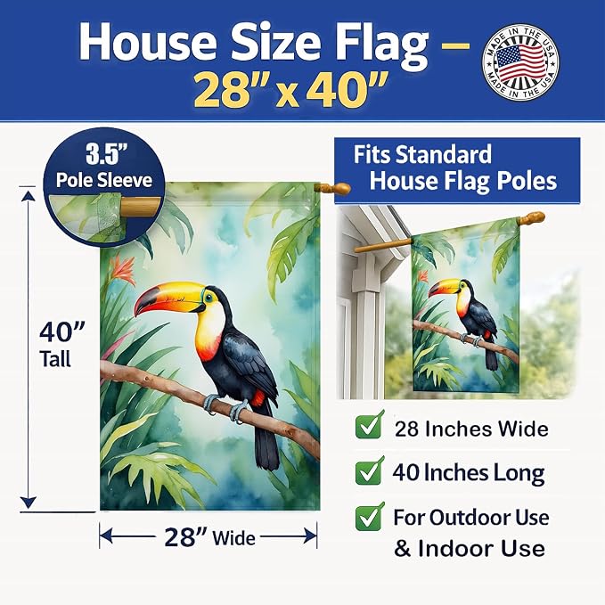 Caroline's Treasures Toucan House Flag Large Porch Sleeve Pole Decorative Outside Yard Banner Artwork Wall Hanging, Polyester, House Size, Multicolor