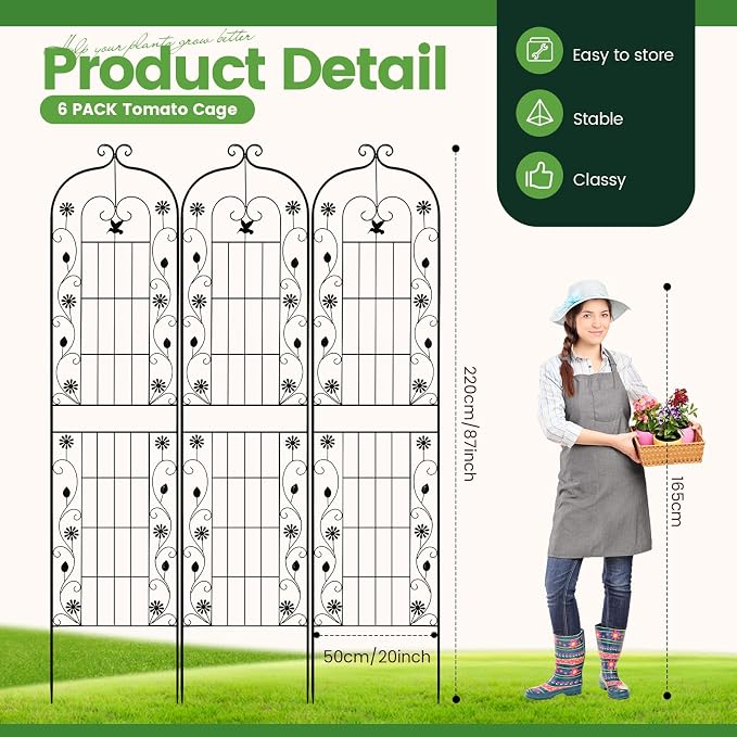 Blulu 6 Pack 87 x 20in Metal Garden Trellis for Climbing Plants Outdoor Tall Trellis Black Rustproof Decorative Plant Lattice Panels for Roses Jasmine Vine Flower Vegetable Support