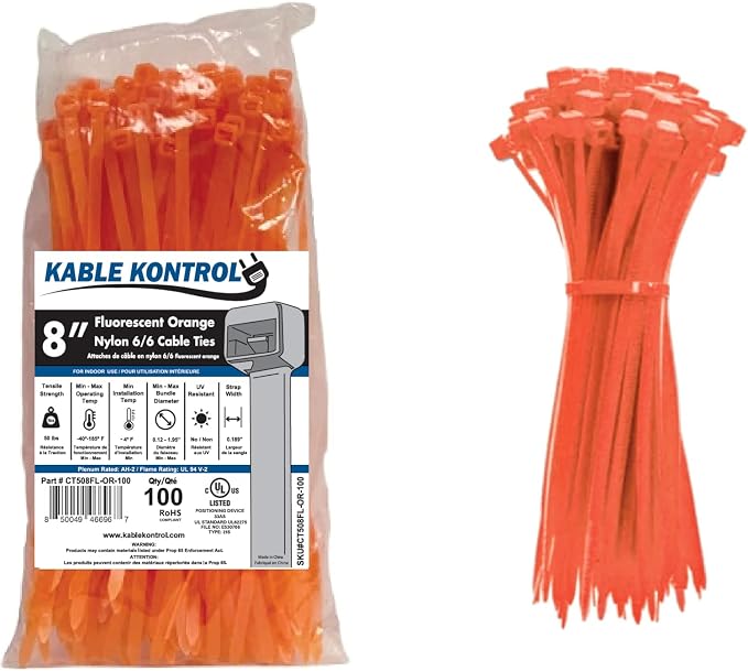 Kable Kontrol Fluorescent Orange Zip Ties 8 Inch 100 Pcs, 50 Lbs Tensile Strength, Self-locking Nylon Colored Cable Ties Wire Wraps for Indoor or Outdoor Use…