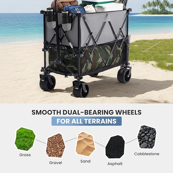 DUMOS 440LBS Heavy Duty Double Decker Wagon with 54IN Extender, 400L Large Capacity Collapsible Garden Cart, All-Terrain 7IN Wheels with Brakes, Foldable Utility Wagon for Shopping, Camping, Grey