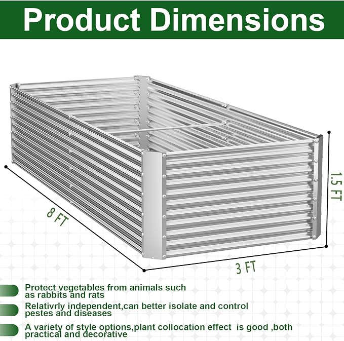 2 Pack Tall 8FT Raised Beds for Gardening, Corrugated Galvanized Steel Raised Garden Bed, Outdoor Metal Above Ground Garden Bed for Vegetables and Flowers(Rectangular)-8x3x1.5FT