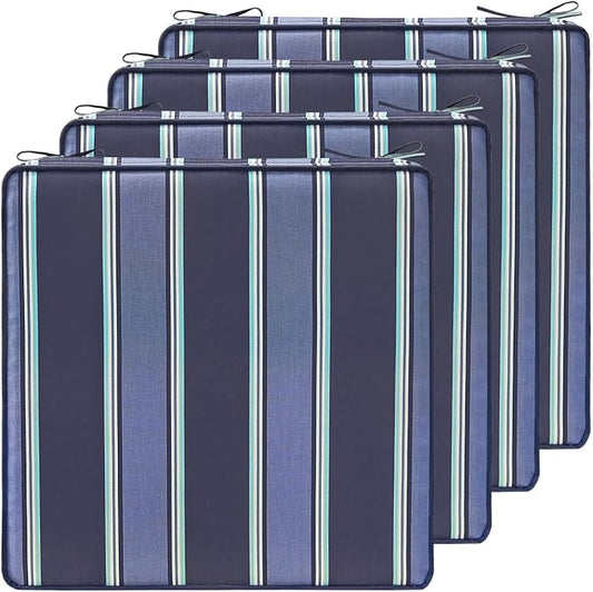 19 x 19 Inch Outdoor Chair Cushions with Tie Straps, Set of 4 Thick Water Repellent Square Patio Chair Pads for Garden Lawn Patio Furniture, Navy Blue Stripe