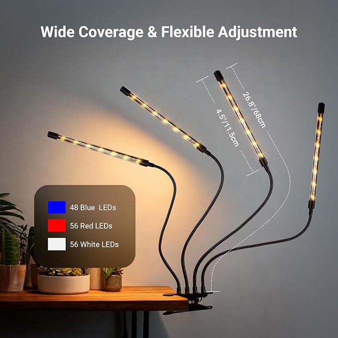NEEWER ENTRY LEVEL VERSION Four Bar Grow Lights for Indoor Plants, Full Spectrum Clip Plant Growing Lamp with 160 Blue, Red, White LEDs, 3/9/12H Timer, Dimmable for Gardening Seed Starting Bonsai, N30