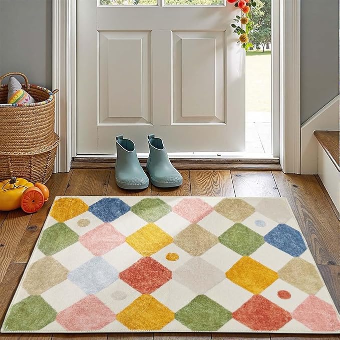 jinchan 2x3 Area Rug Washable Kids Rug Colorful Playful Entryway Doormat | Soft, Non-Slip, Kid-Friendly, for Nursery Playroom Doorway Bathroom, Modern Geometric Checkered Design, Small Accent Rug