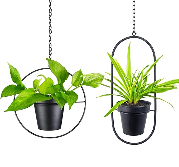 Modern Metal Hanging Planters Set of 2 - Round and Oval Geometric Plant Hangers with 5 Inch Pots - Black Wall and Ceiling Mount Flower Holders for Indoor and Covered Outdoor Décor