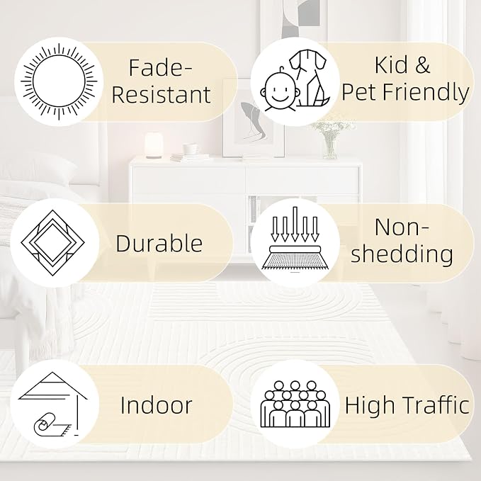 Beige Solid Area Rug 8x10, Washable Rugs for Living Room Bedroom | Modern Neutral Boho Geometric High-Low Pile Carpet, Soft, Fluffy Non-Slip Rugs for Nursery, Kids Room, Apartment, Home Office