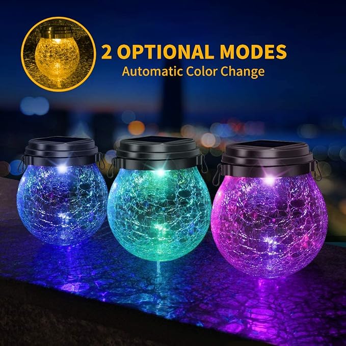 DBF Solar Lanterns Outdoor Waterproof, 4 Pack Hanging Solar Lights Outdoor Garden Decor, Amber Warm & RGB LED Globe Cracked Glass Ball Lantern for Yard Tree Fence Patio Porch Events Deck Pathway