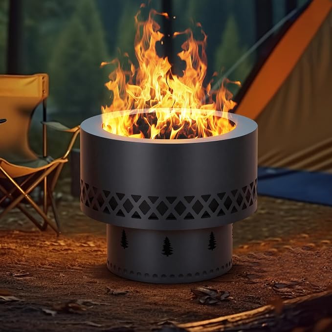 GarveeLife 19 Inch Smokeless Fire Pit, Wood Burning Outdoor Fireplace with Removable Ash Pan & Dust Bag - Ideal for Patio BBQ, Bonfire, Camping