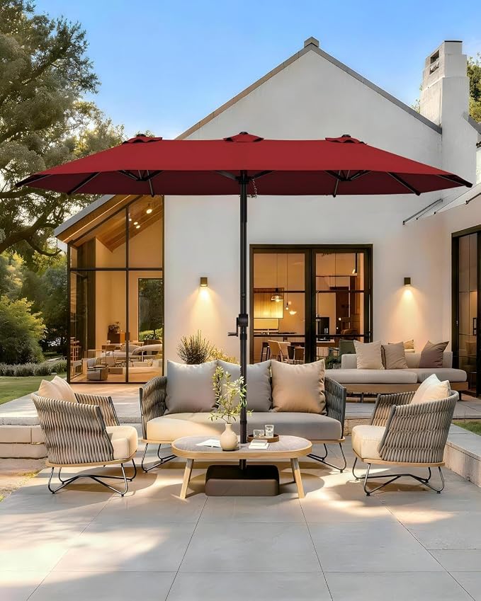 GDPFN 15FT Large Patio Umbrella with Base Included, Outdoor Deck Standing Umbrella with Crank Handle, Double-Side Rectangular Pool Umbrella for Outside, Market, Patio, Burgundy