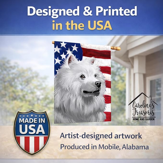 Caroline's Treasures CK6398CHF American Eskimo Dog American Flag House Flag Large Porch Sleeve Pole Decorative Outside Yard Banner Artwork Wall Hanging, Polyester, House Size, Multicolor
