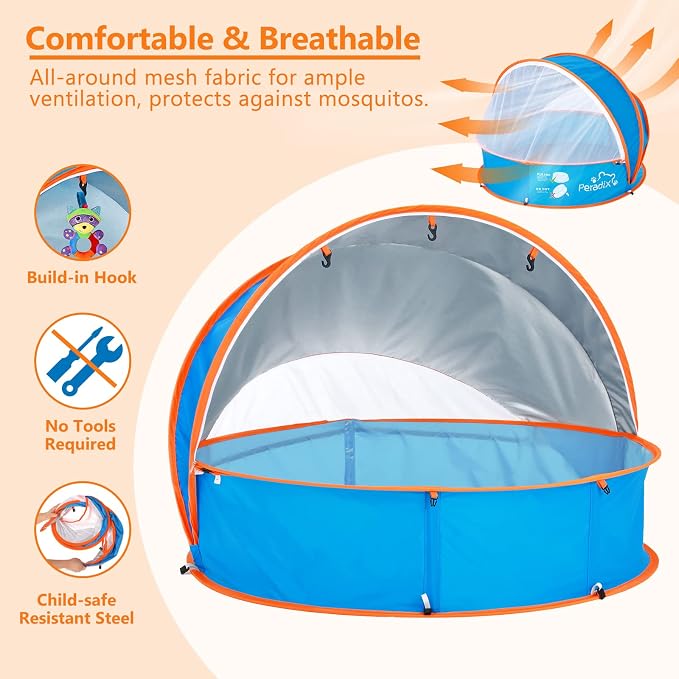 Peradix Paddling Pool for Kids & Pets Infant Ball Pit Tent, Baby Beach Tent, Toddler Wading Pool UV Sun Shelter Canopy with Mosquito Net, Portable Pop Up Tent Summer Beach Toys for Child