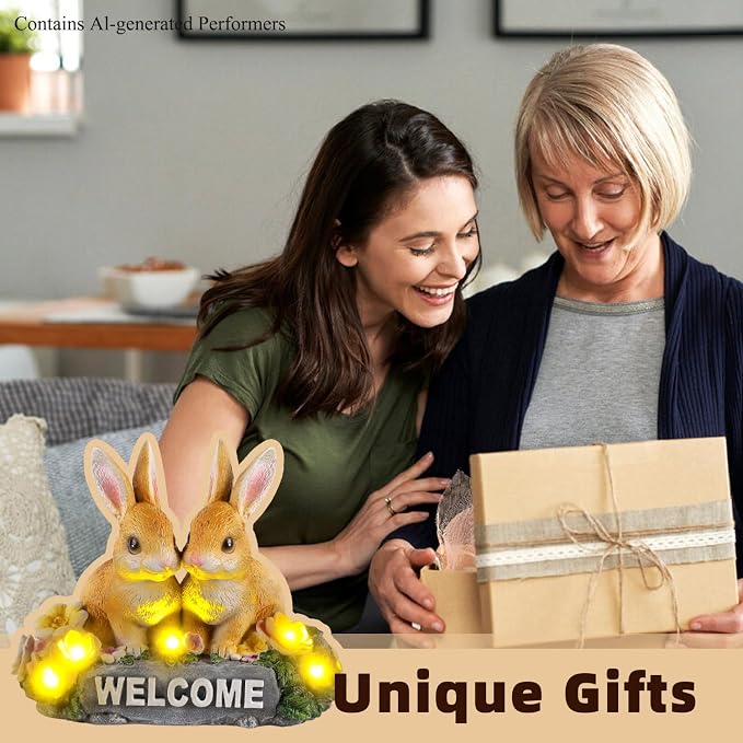 Solar Rabbit Garden Statue 5.9" Resin Bunny Statue with Welcome Sign Rabbit Figurines Light Decorations for Patio Yard Lawn Ornaments Easter Housewarming Birthday Gifts for Women Mom Grandma Wife