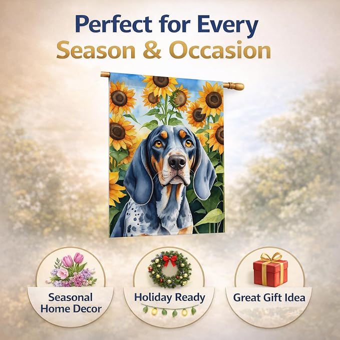 Caroline's Treasures DAC6030CHF Bluetick Coonhound in Sunflowers House Flag Large Porch Sleeve Pole Decorative Outside Yard Banner Artwork Wall Hanging, Polyester, House Size, Multicolor