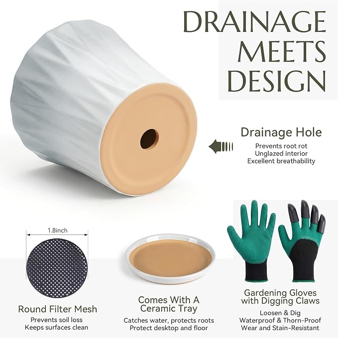 10 Inch Ceramic pots for Plants with Saucer Drainage Leak-Proof Mesh, Round Plant Pot with Gardening Gloves for Indoor Outdoor Plants (Rippled Grey)