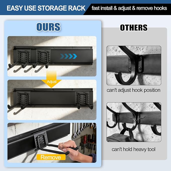 Garage Tool Organizer Wall Mount 49.5" - 520lbs Heavy Duty Metal | Garage Wall Organizer with 11 Adjustable Hooks, Space-saving Hanging Rack for Garden Yard Tools, Shovel, Ladder, Weed Eater