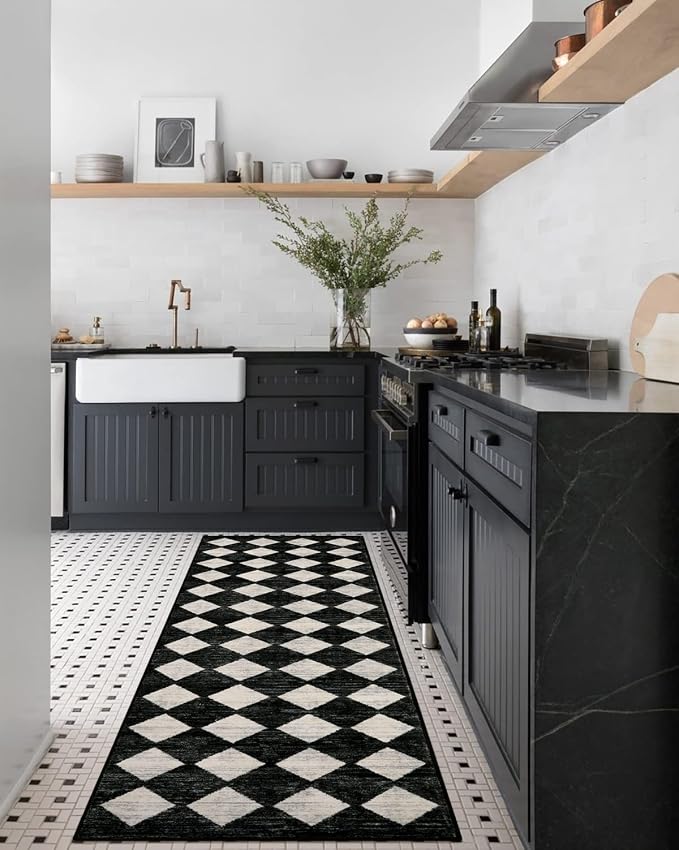 Checkered Kitchen Runner Rug 2x8 Black and White, Hallway Non Slip Washable