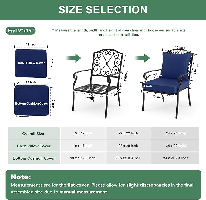 Summsun Patio Chair Cushion Set with Removable Cover, Waterproof Backrest and Seat Cushion Set Replacement for Outdoor Furniture, 19 x 19 Inch, Navy, Set of 2