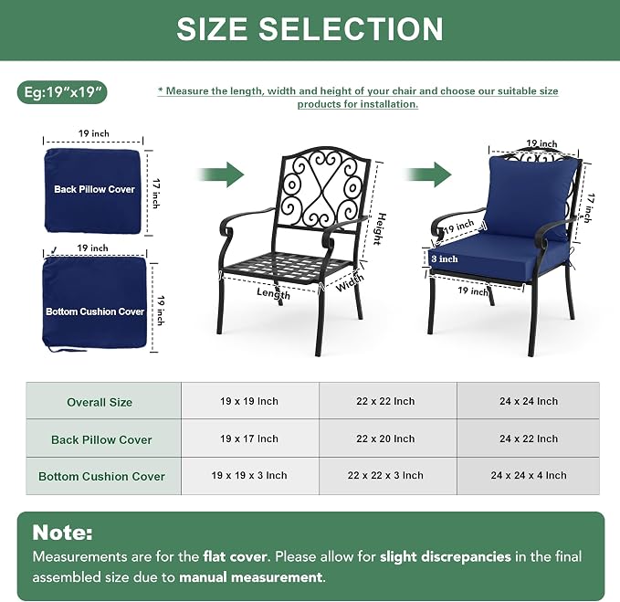 Summsun Outdoor Chair Cushions Set of 2, Waterproof Backrest and Deep Seat Cushion Set for Patio Furniture, Outdoor Replacement Cushions with Removable Cover, 22 x 22 Inch, Navy