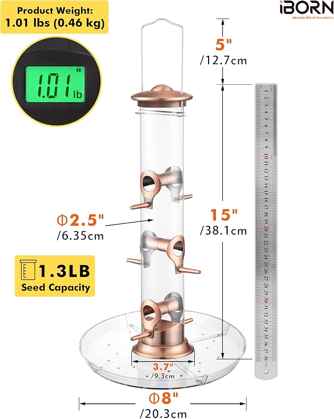 iBorn Bird Feeders Seed Catcher for Outside Hanging 6 Port Bird Feeder for Cardinal Birds Aluminium Metal,Brushed Copper Finishing 14 Inch 6 Port (Seed is not Included)