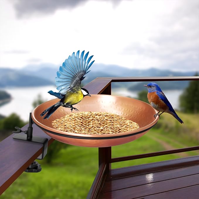 Monarch Abode Deck Mounted Bird Bath & Bird Feeder for Outdoors – Pure Copper Hand Hammered Birds Bath Bowl w/Detachable Iron Clamp, Birdfeeder and Birdbath for Outdoors Garden Backyard
