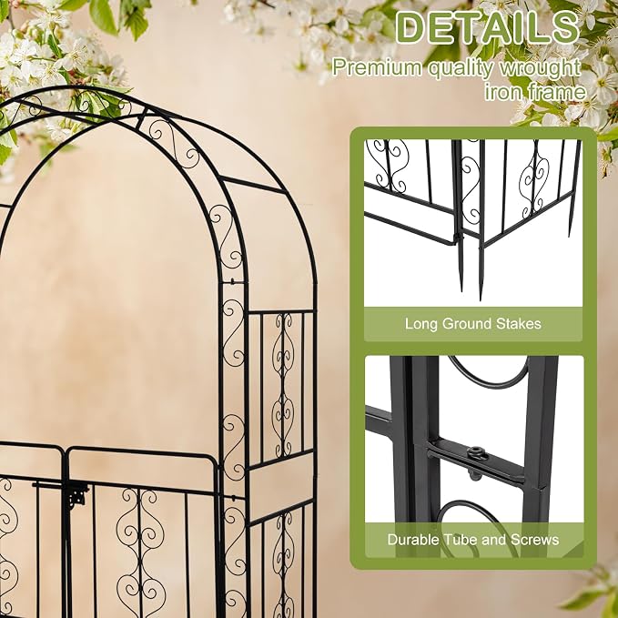 Garden Arch Trellis with Gate, Heavy-Duty Steel Frame Support Arbour Archway for Climbing Plant, Rose Vines, Vegetables, Outdoor Decoration for Lawn Backyard Party Wedding, Arc Top