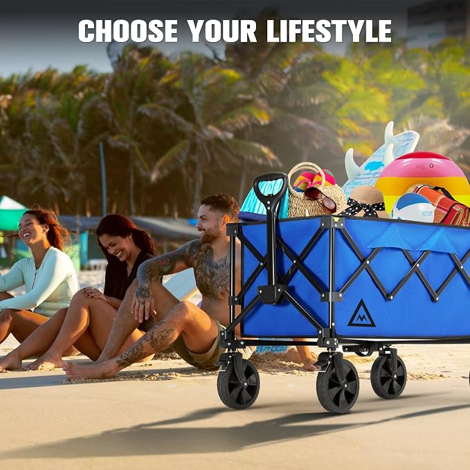 Wagon Cart Shopping Cart Large Capacity Collapsible Wagon with Wheels On Beach Garden Outdoor Utility Carts for Grocery All Terrain Portable Wagons Carts for Groceries Sand Camping Sports Blue