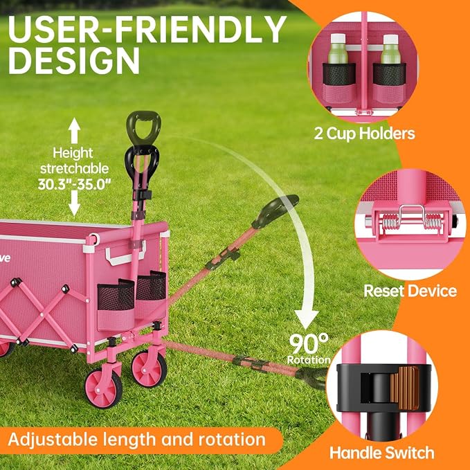 Collapsible Wagon Cart Foldable Beach Wagon with All-Terrain Wheels - 380 LBS Heavy Duty Grocery Cart for Shopping, Beach, Camping, Sports, Garden (Pink)