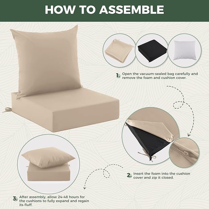 Outdoor Cushions for Patio Furniture, Outdoor Seat Cushion Set 24 x 24 x 5.75 in, Waterproof & Fade Resistant Outdoor Chair Cushions, Patio Chair Cushion with Removable Cover, Set of 2, Beige