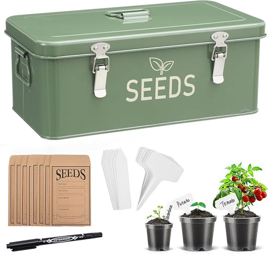 Metal Seed Storage Organizer, Seed Storage Box with Safety Locks, Compartments Box with 3 Clear Plant Nursery Pots, 40 Plant Labels, 30 Seed Envelopes, 1 Marker Pen