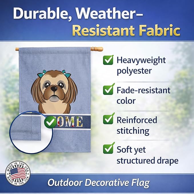 Caroline's Treasures BB1435CHF Chocolate Brown Shih Tzu Welcome House Flag, Blue Large Porch Sleeve Pole Decorative Outside Yard Banner Artwork Wall Hanging, Polyester, House Size, Multicolor